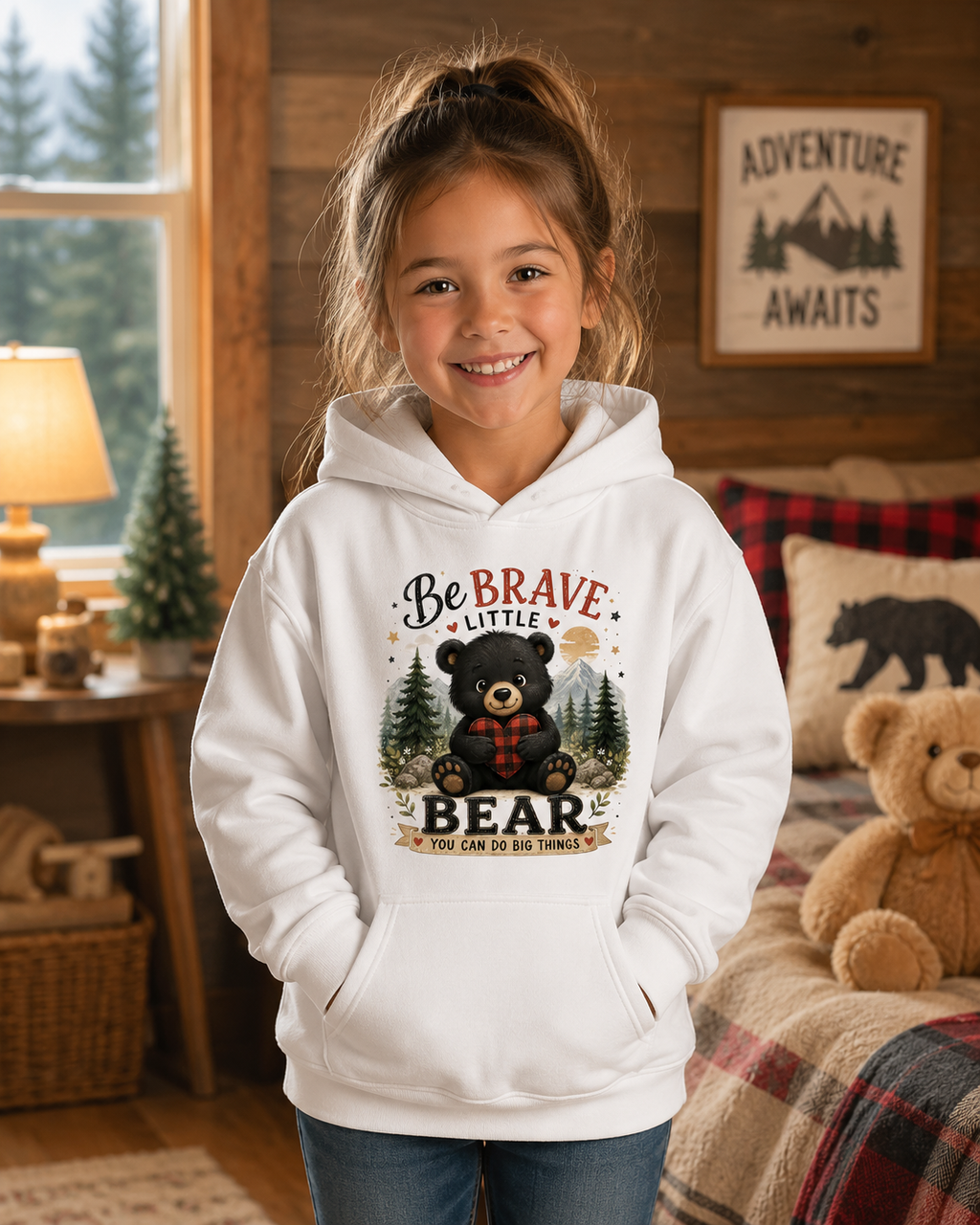 Be Brave Little Bear Kids Hoodie – Cute Woodland Bear Inspirational Sweatshirt for Boys & Girls