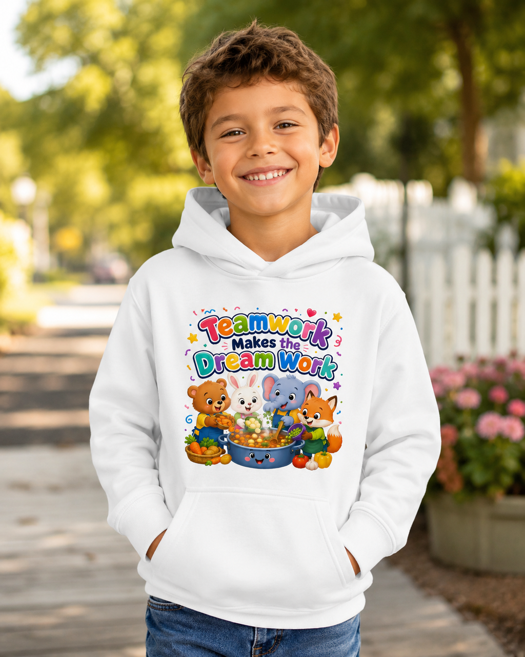 Kids Hoodie - "Teamwork Makes the Dream Work" Cute Animal Crew