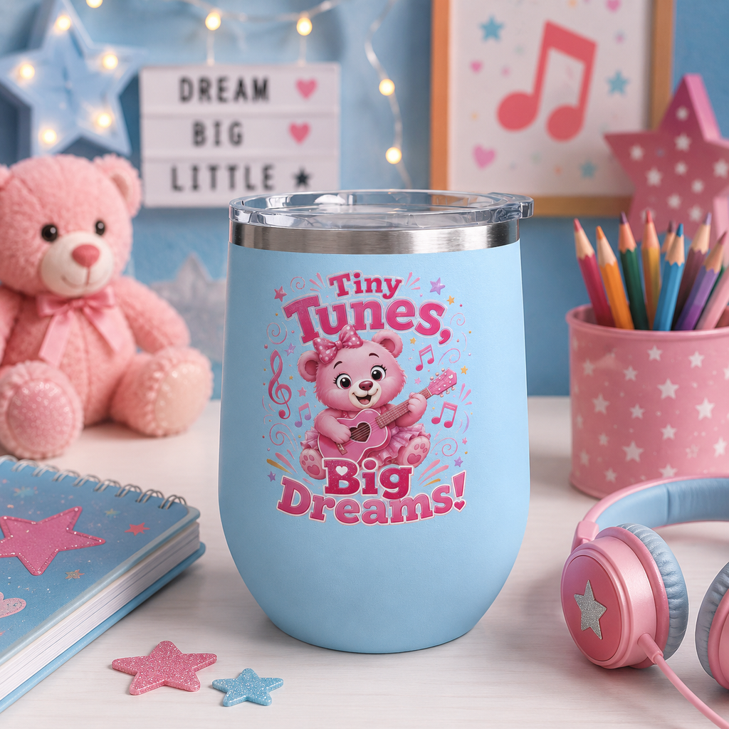 12oz Tumbler — "Tiny Tunes, Big Dreams" Cute Pink Bear Design
