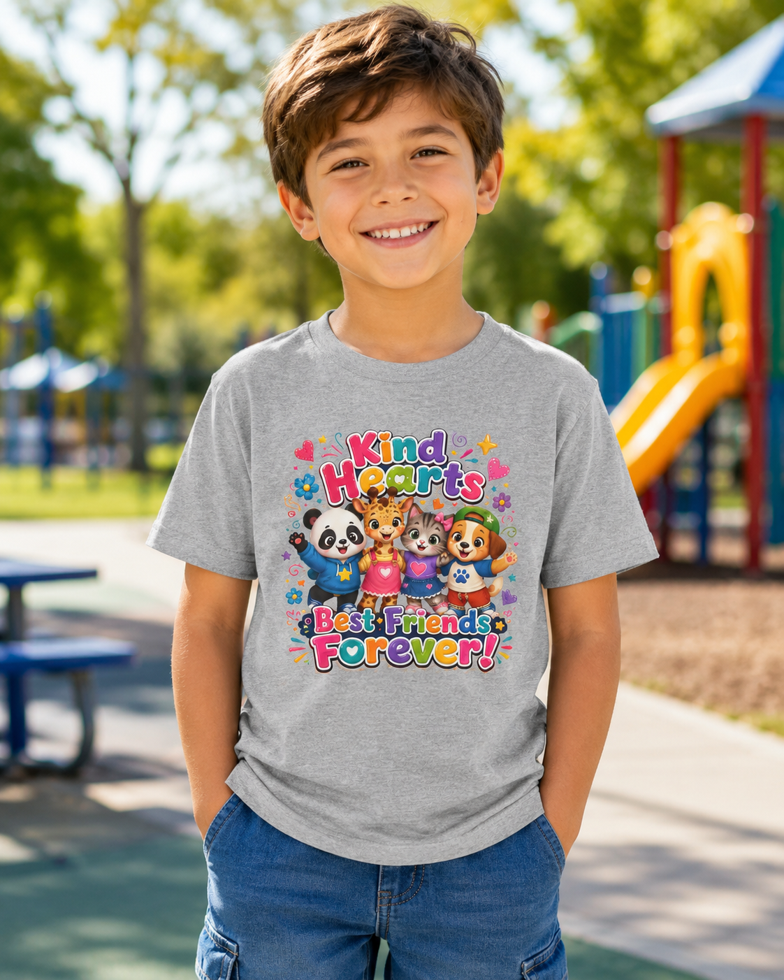 Kids Tee — "Kind Hearts Best Friends Forever" Colorful Cartoon Animals
