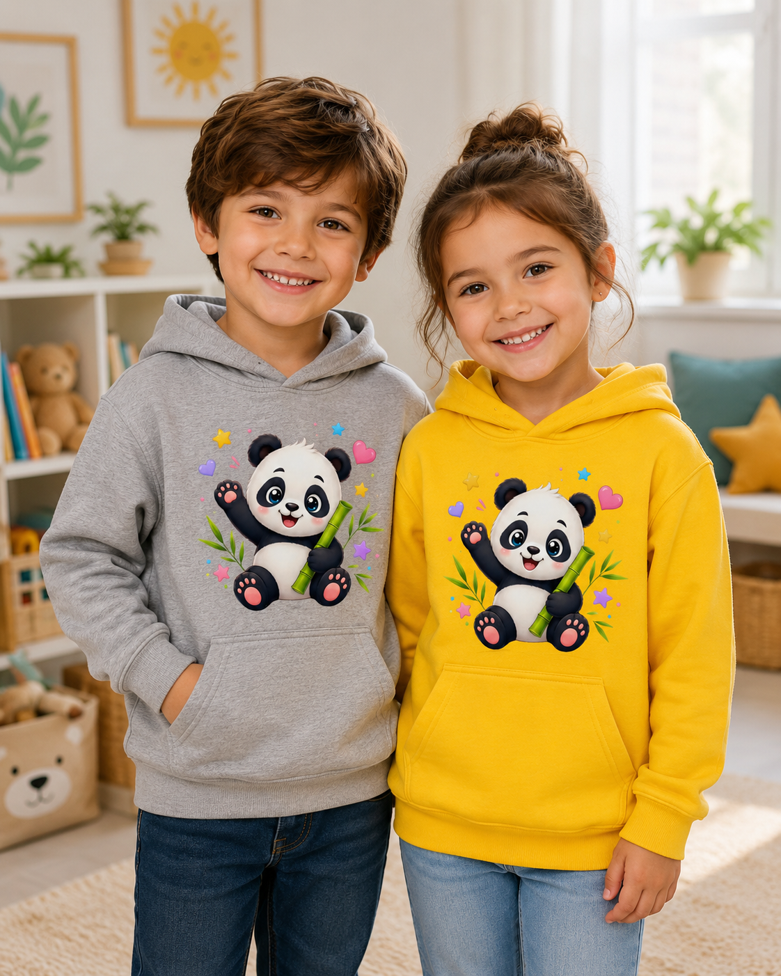 Kids Hoodie — Cute Smiling Panda with Bamboo & Hearts