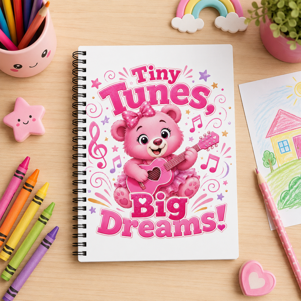 Tiny Tunes, Big Dreams Spiral Notebook — Cute Pink Bear Music Journal for Kids
