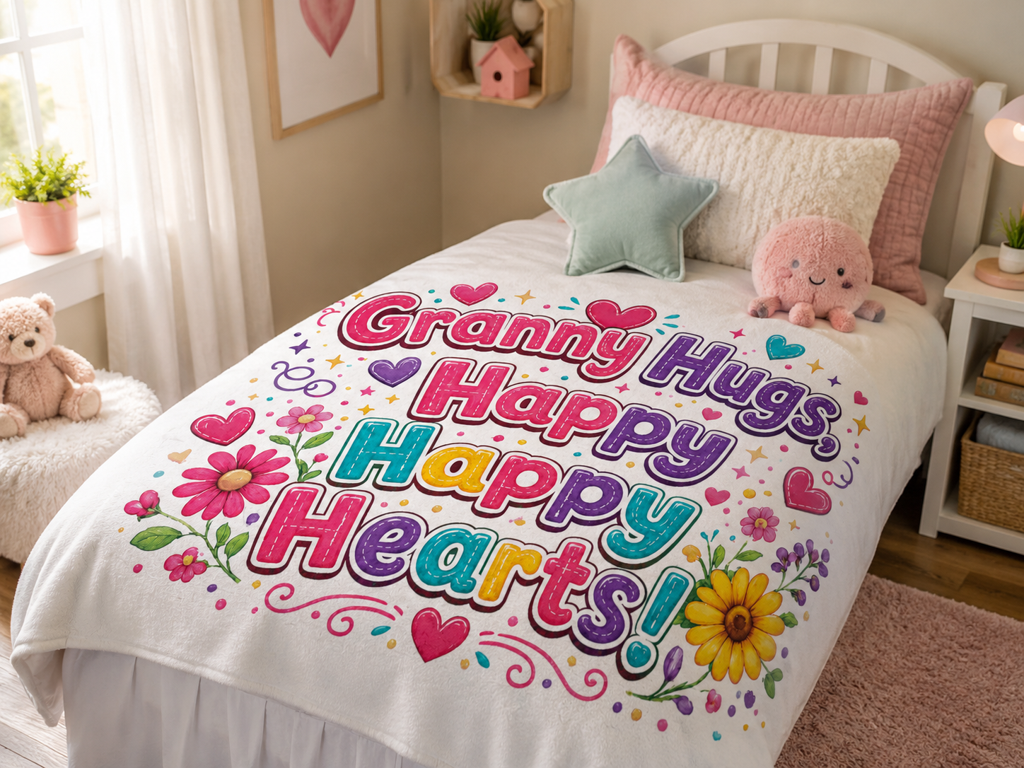 Granny Hugs Happy Happy Hearts Blanket | Floral Heart Retro Typography