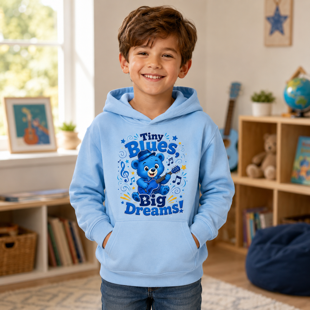 Kids Hoodie - "Tiny Blues Big Dreams" Cute Blue Bear Music Hoodie for Children