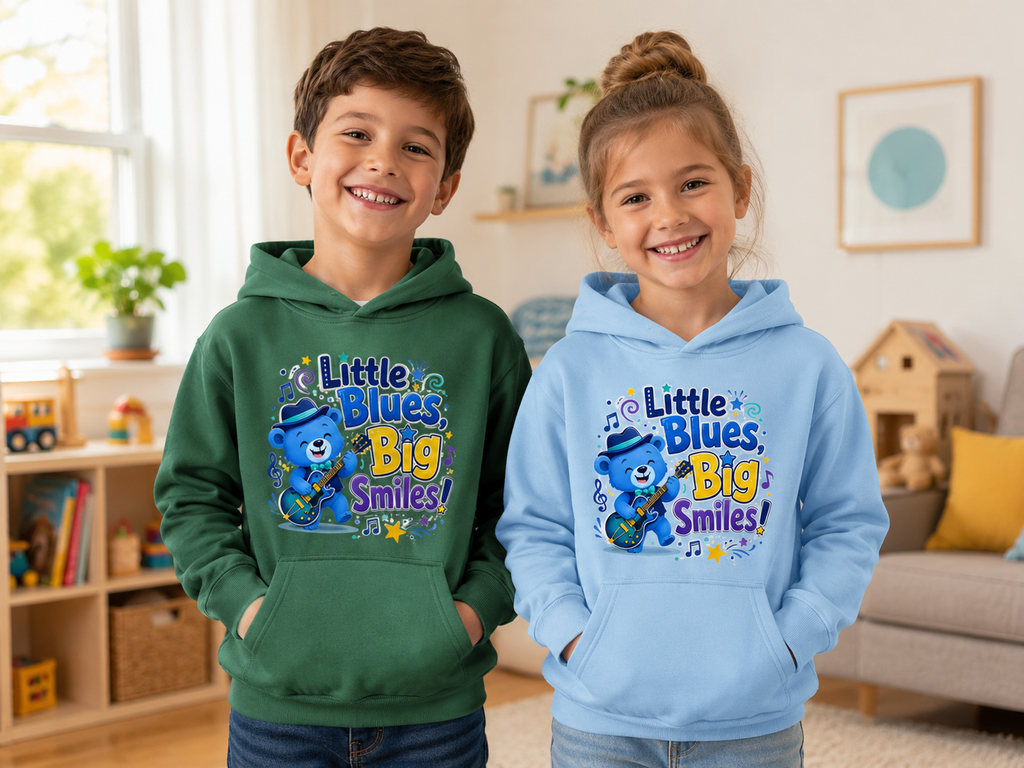 Kids Hoodie - "Little Blues, Big Smiles" Cute Blue Bear Guitar Hoodie for Toddlers
