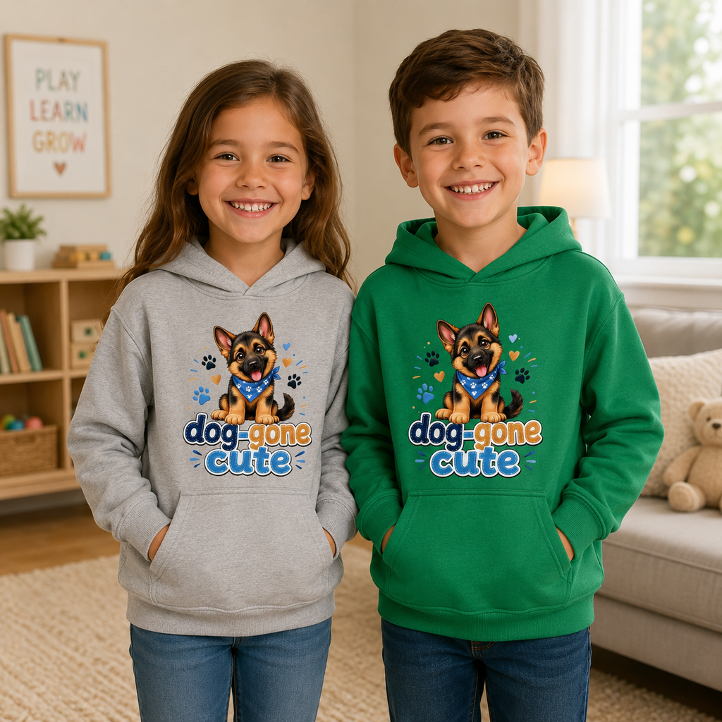 Kids Hoodie - "Dog-Gone Cute" German Shepherd Puppy Graphic Hoodie for Children