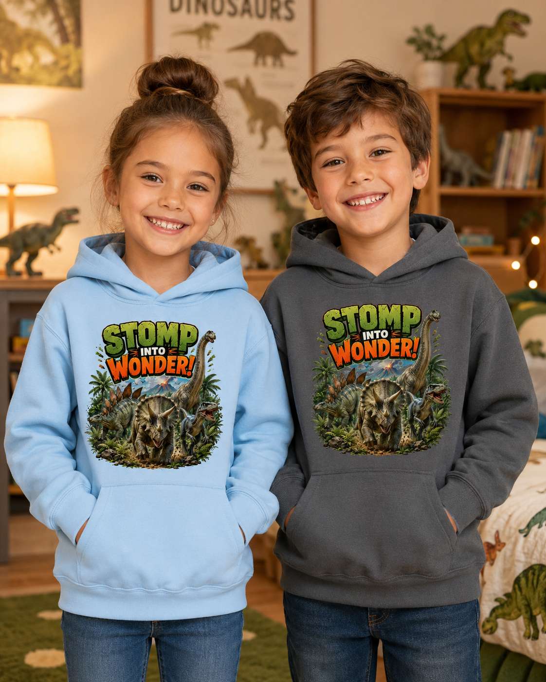 Kids Hoodie — "Stomp Into Wonder" Dinosaur Graphic Pullover