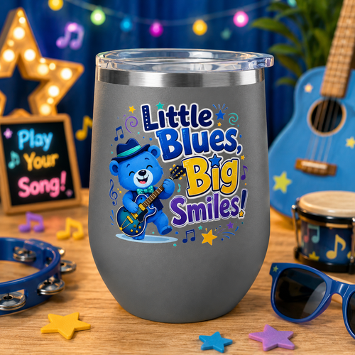 "Little Blues, Big Smiles" Cute Blue Bear Music 12oz Insulated
