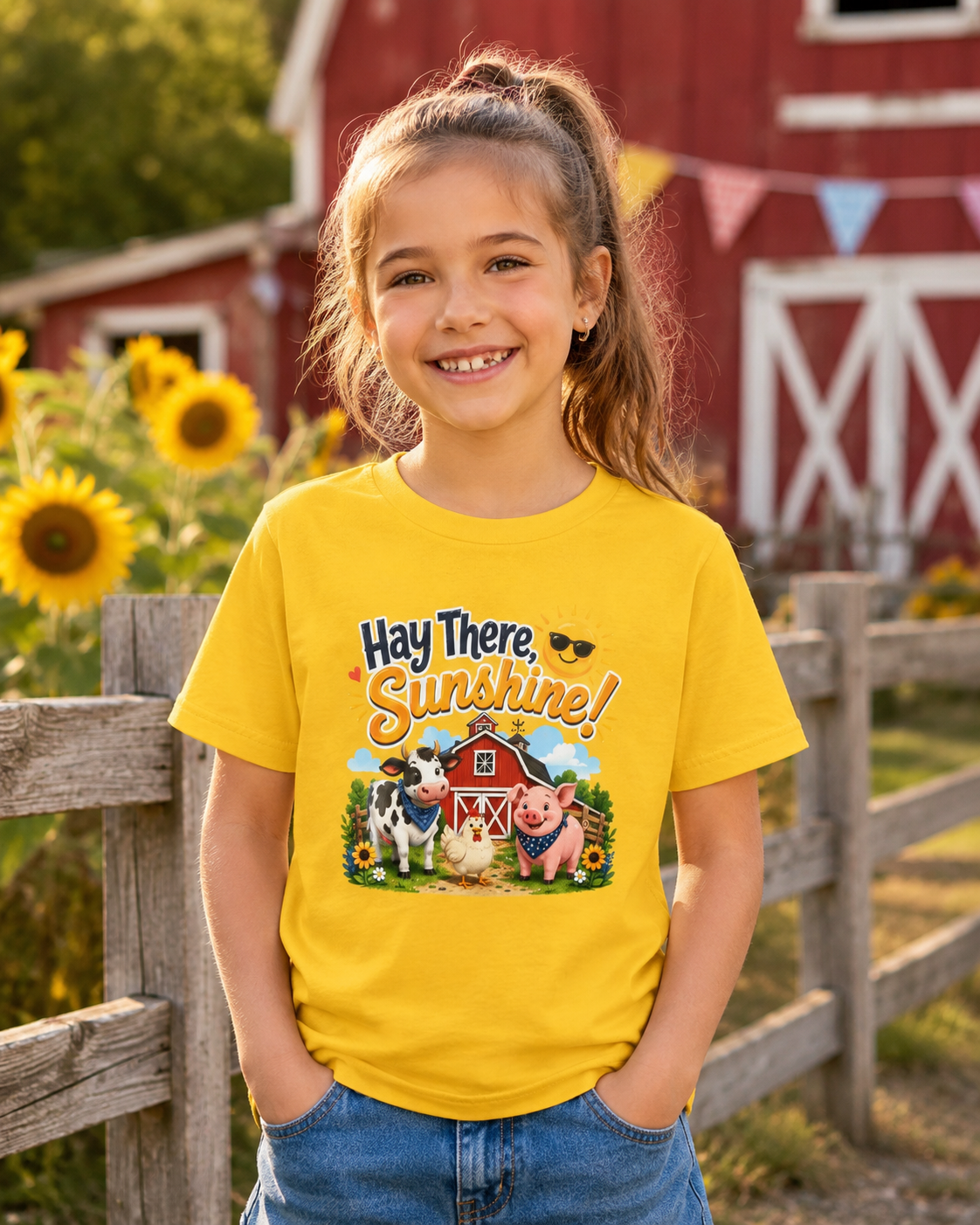 Kids Tee — "Hay There, Sunshine!" Farm Animal Graphic
