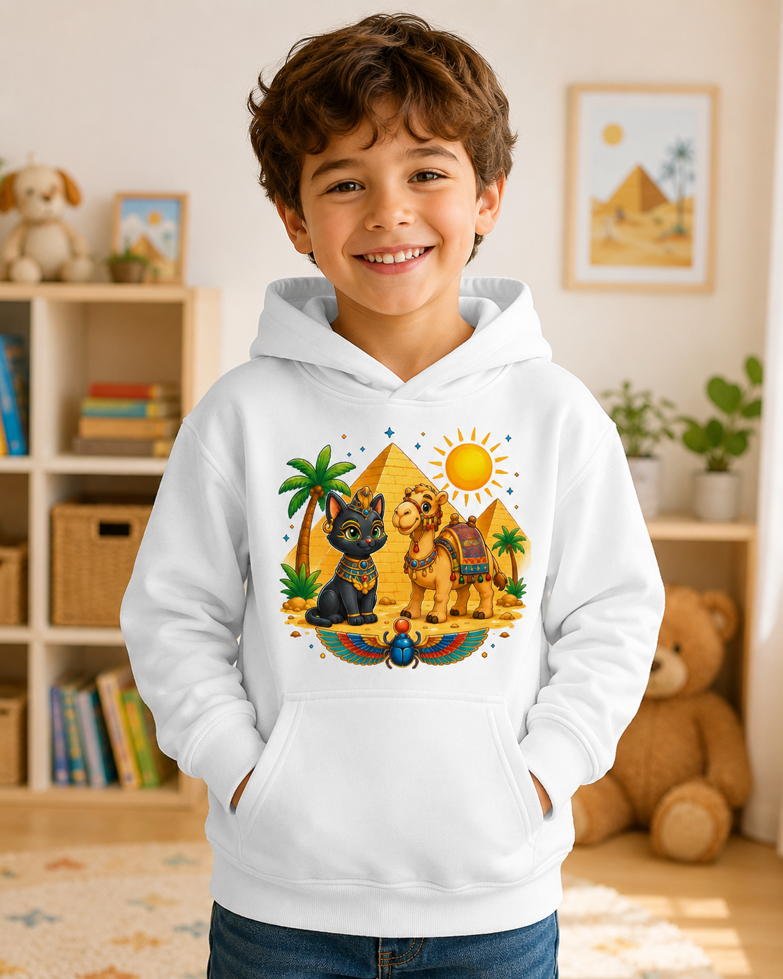 Egyptian Cats with Camel Kids Hoodie | Pyramid, Palm Trees, Sun
