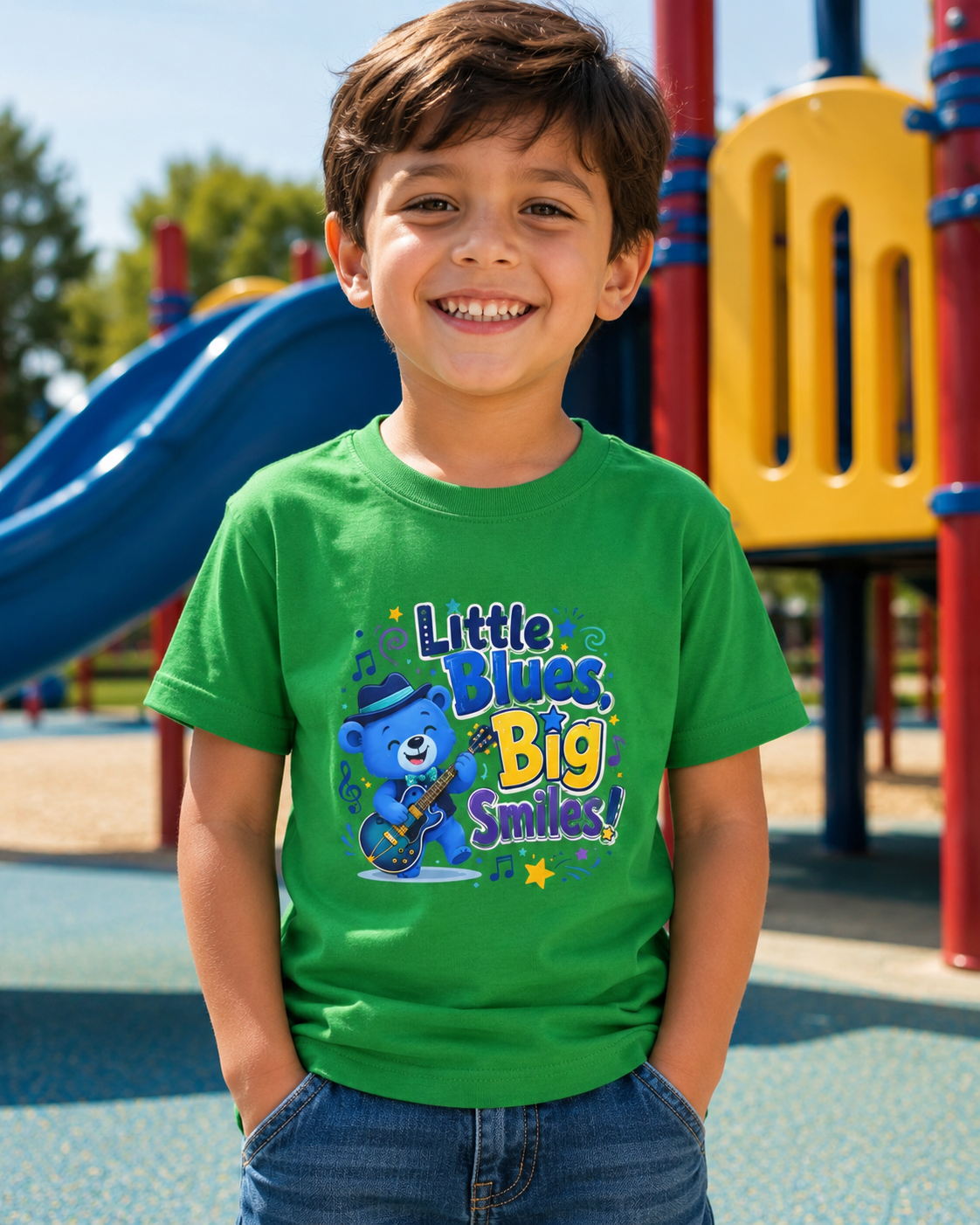 Kids Tee — "Little Blues, Big Smiles!" Guitar-Bear Graphic
