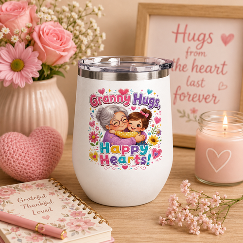 Granny Hugs Happy Hearts 12oz Tumbler — Cute Grandma & Grandchild Gift