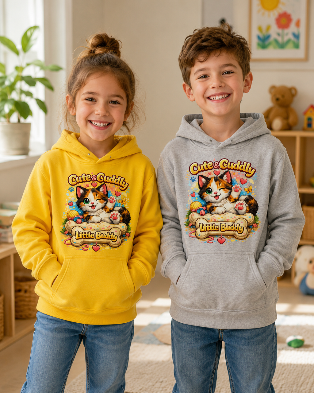 Cute & Cuddly Kitten Kids Hoodie — “Little Buddy” Graphic