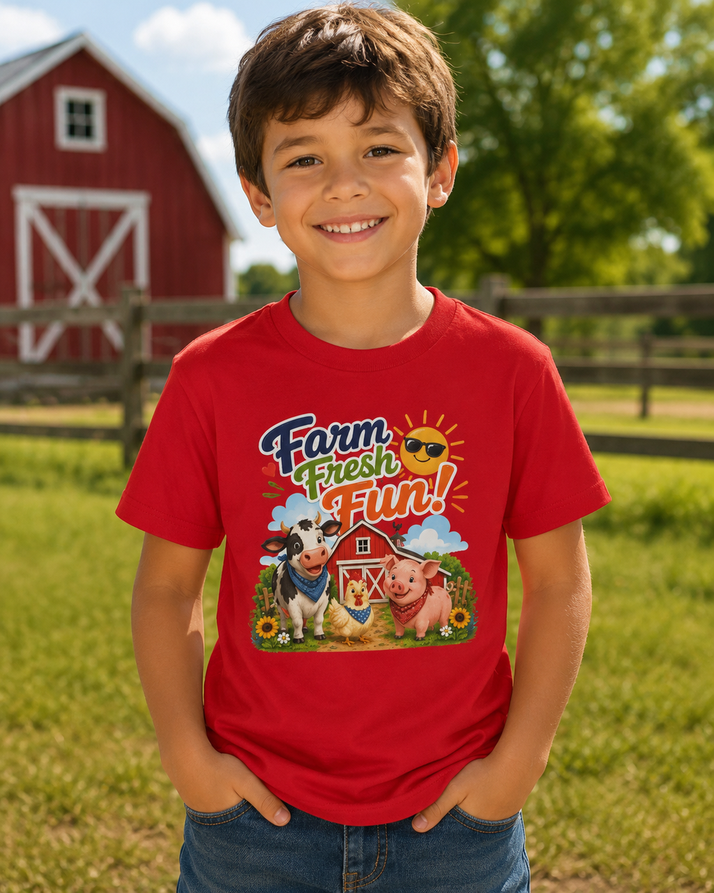 Kids Farm T-Shirt — "Farm Fresh Fun!" Cute Cow & Pig Toddler Tee