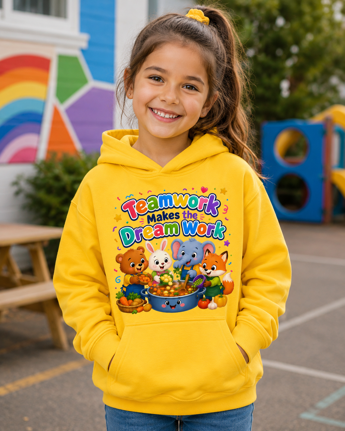 Kids Hoodie - "Teamwork Makes the Dream Work" Cute Animal Crew