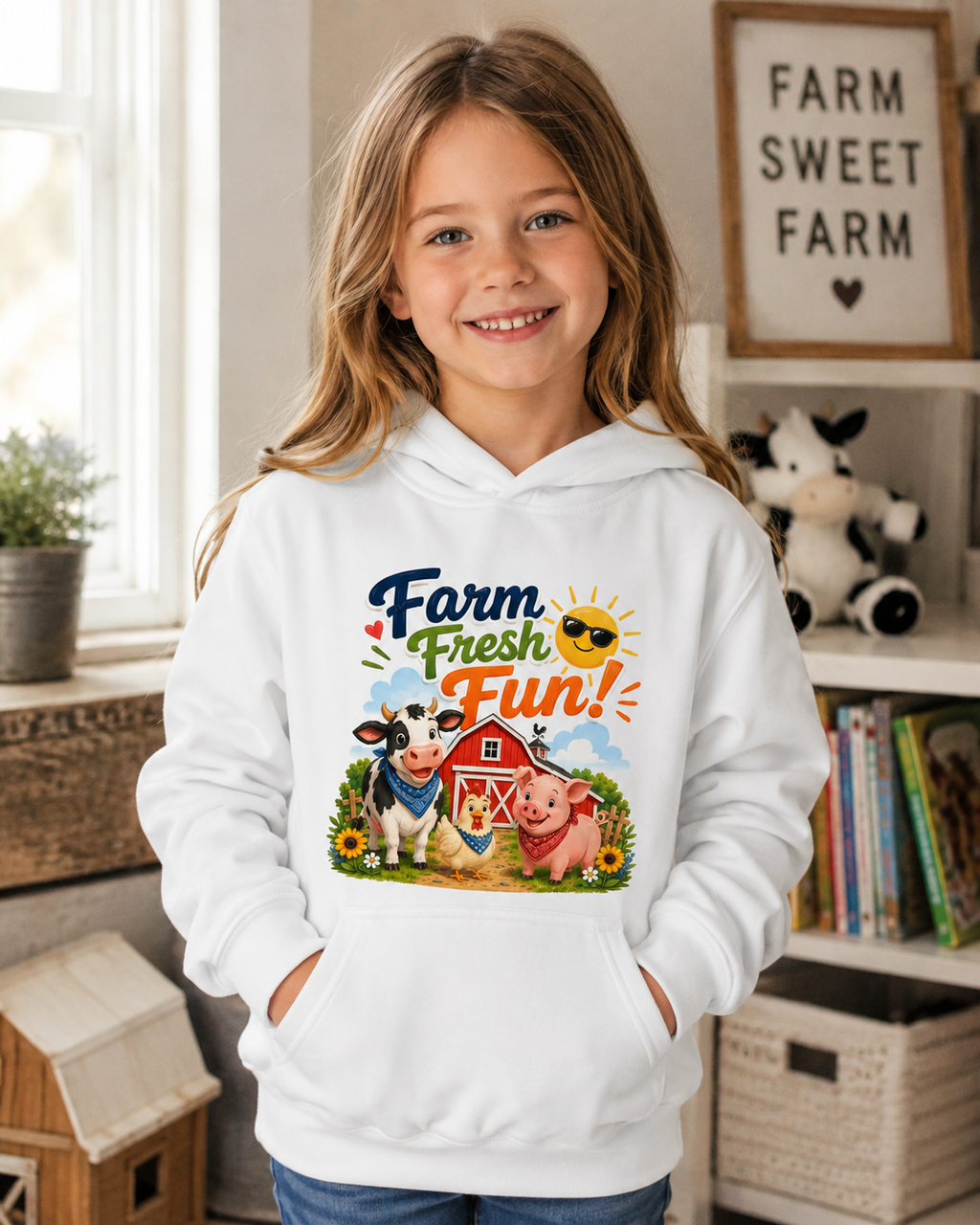 Farm Fresh Fun Kids Hoodie — Cute Cow & Pig Barnyard Design