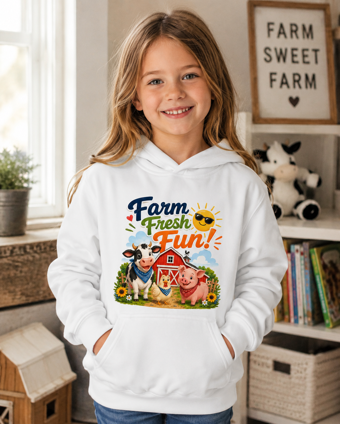 Farm Fresh Fun Kids Hoodie — Cute Cow & Pig Barnyard Design