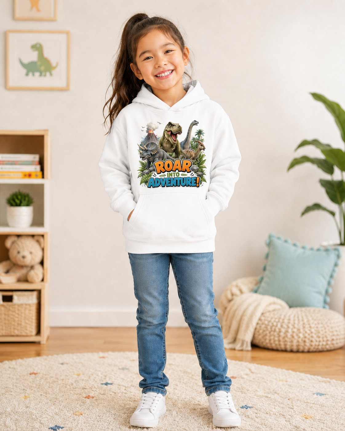 Kids Hoodie - "Roar Into Adventure" Dinosaur Hoodie for Boys & Girls, T‑Rex Graphic Pullover