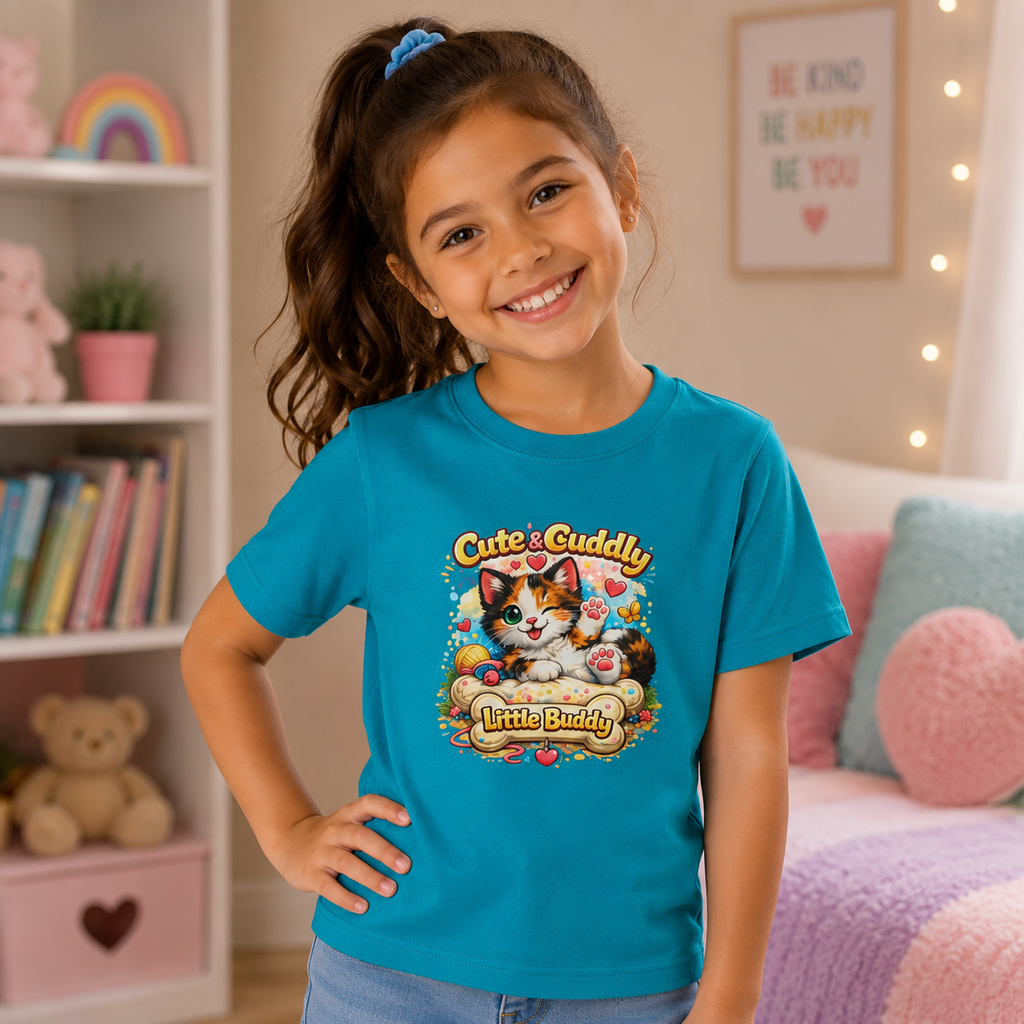 Kids T-Shirt — "Cute & Cuddly Little Buddy" Cat Graphic Tee