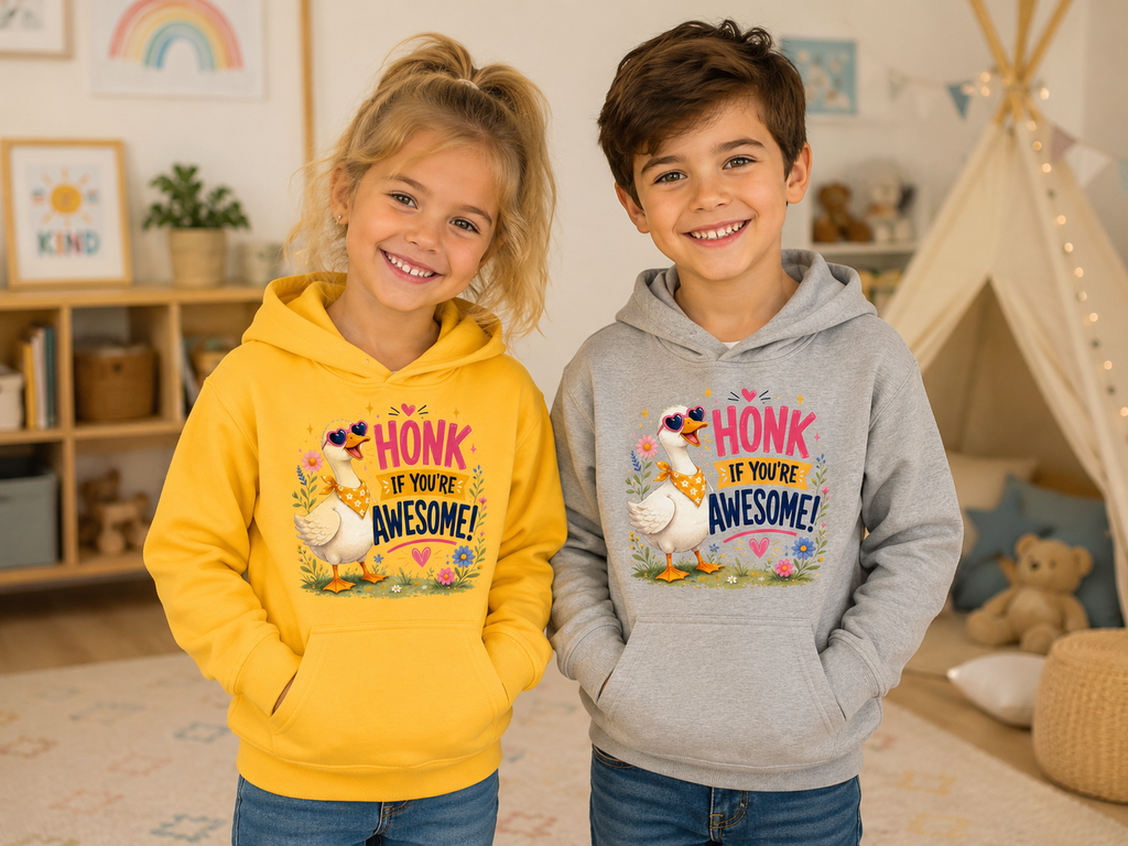 Kids Hoodie — "Honk If You're Awesome" Cute Goose Pullover for Children