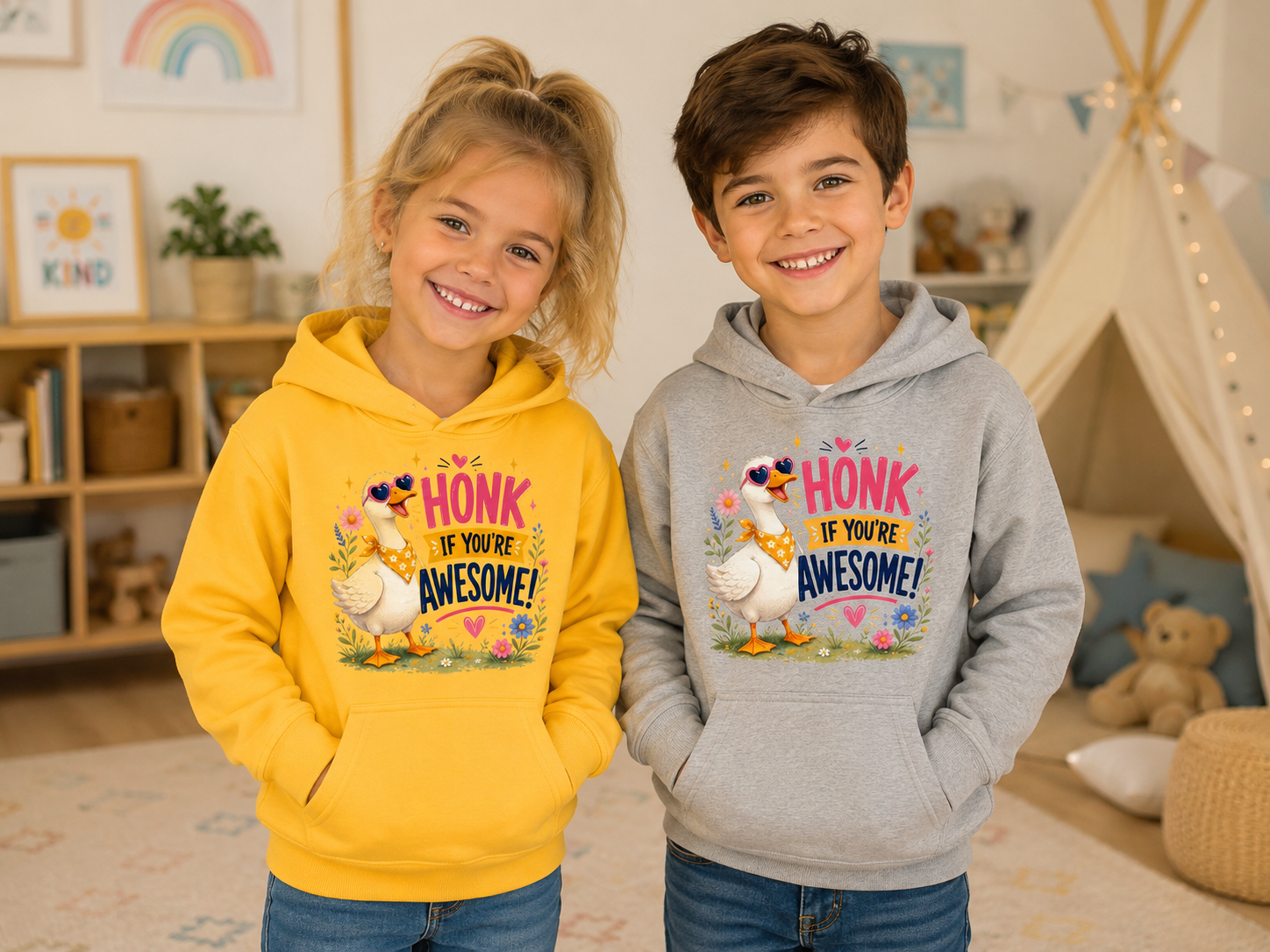 Kids Hoodie — "Honk If You're Awesome" Cute Goose Pullover for Children