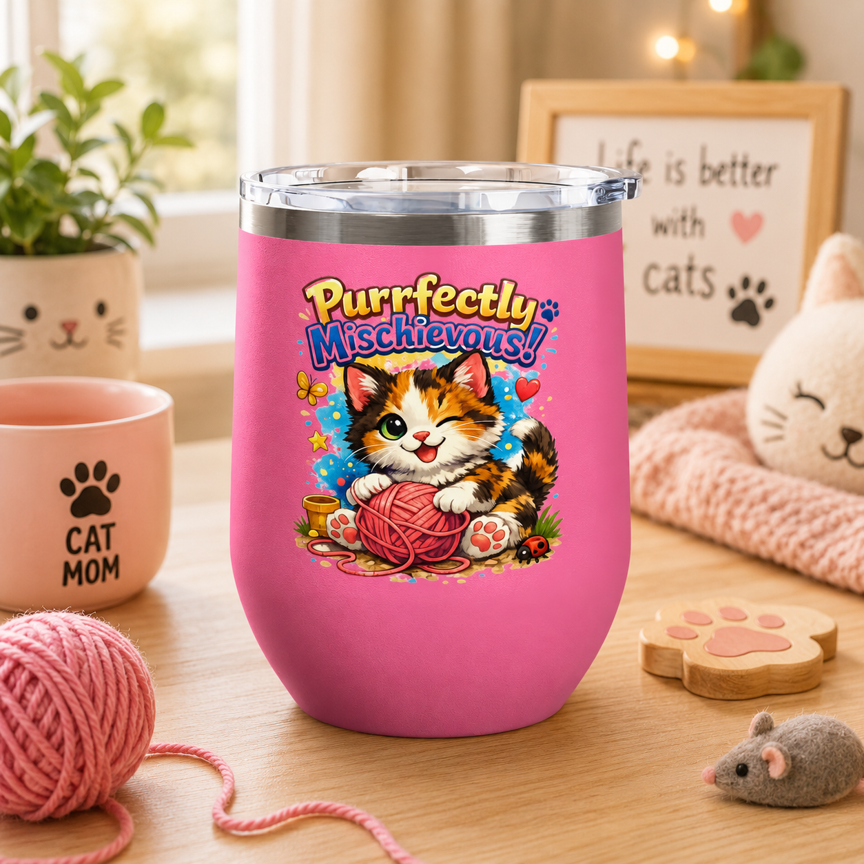 Purrfectly Mischievous 12oz Tumbler — Cute Playful Kitten Design