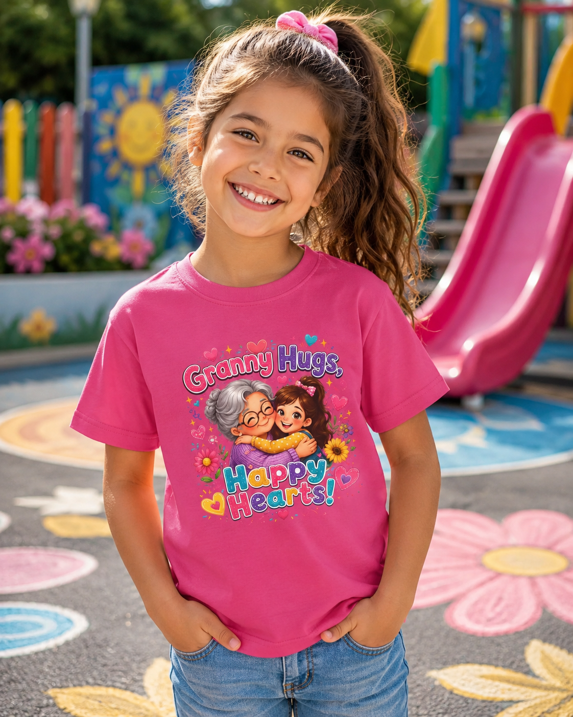 Granny Hugs Happy Hearts Tee | Grandma Grandchild Cute Illustration