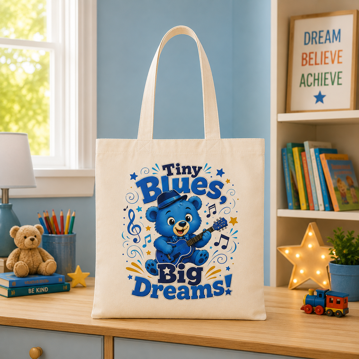 Tiny Blues Big Dreams Tote Bag — Cute Blue Bear Music Graphic Cotton Tote