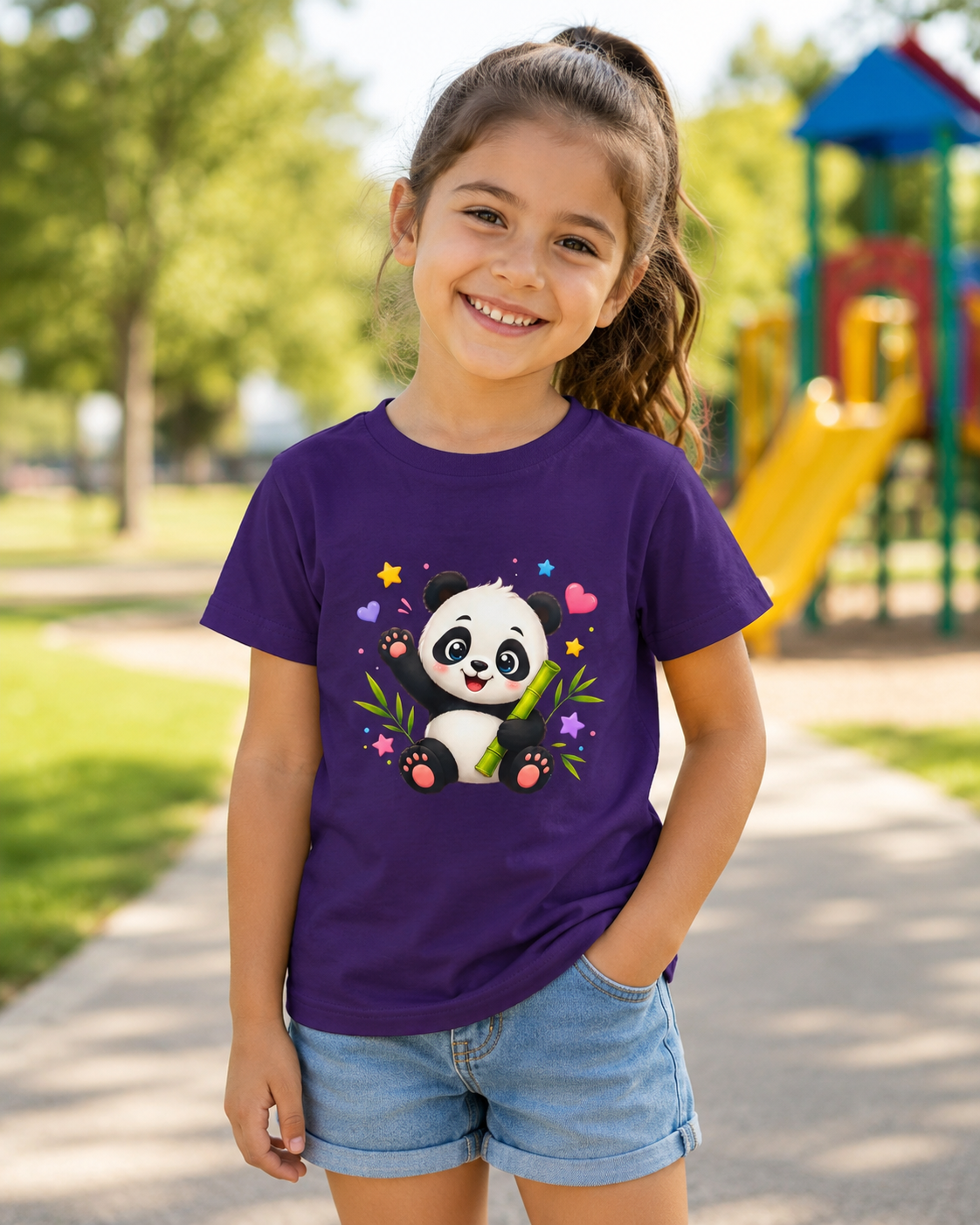 Cute Panda Kids T‑Shirt — Smiling Baby Panda with Hearts & Bamboo
