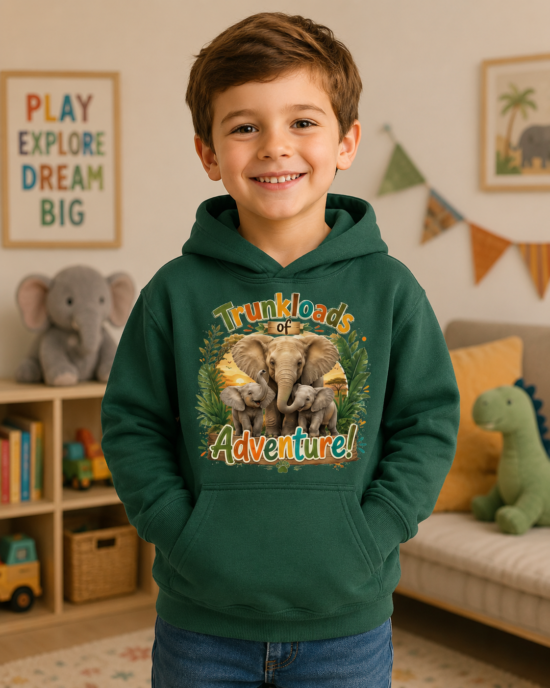 Kids Hoodie — "Trunkloads of Adventure" Elephant Graphic Hoodie for Children