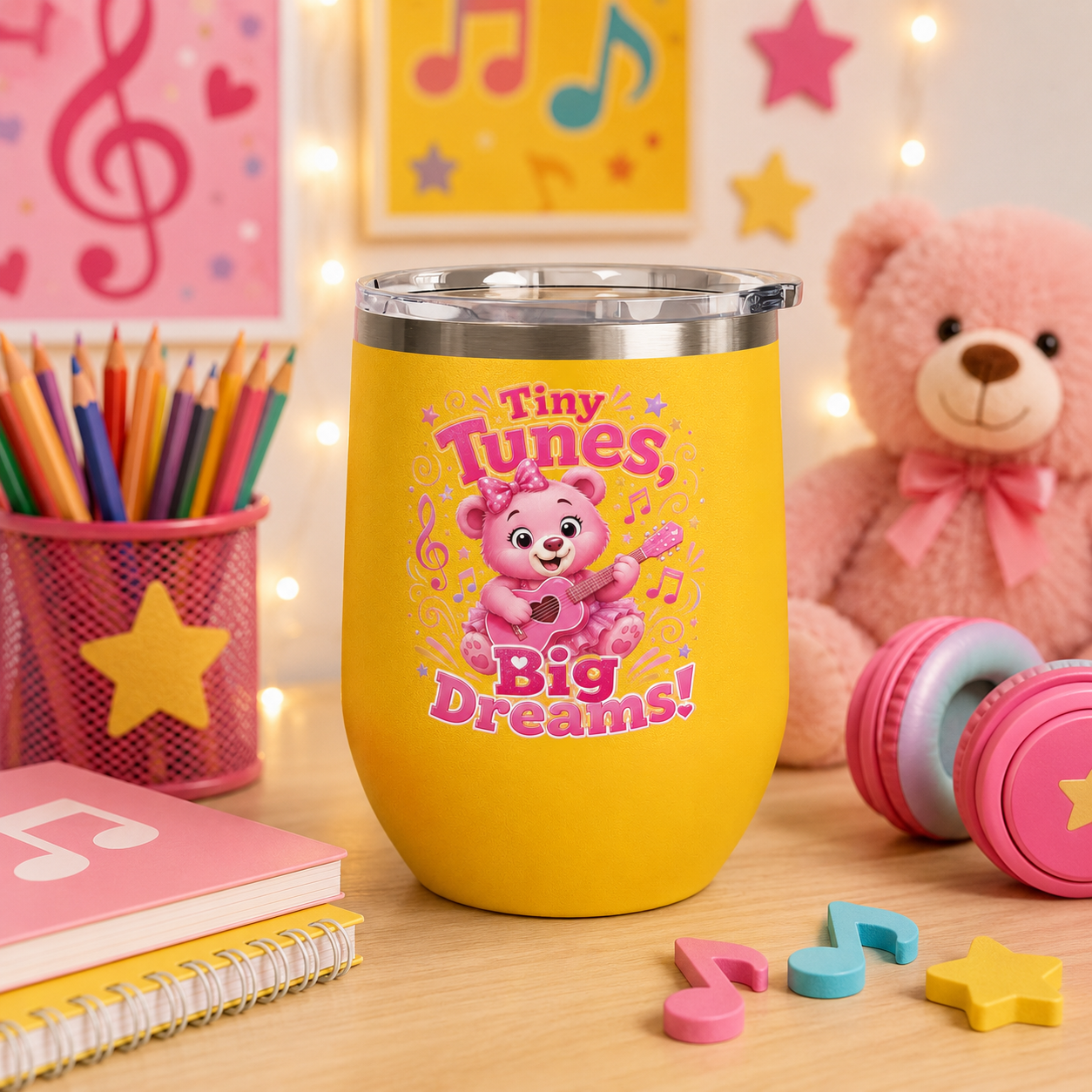 12oz Tumbler — "Tiny Tunes, Big Dreams" Cute Pink Bear Design