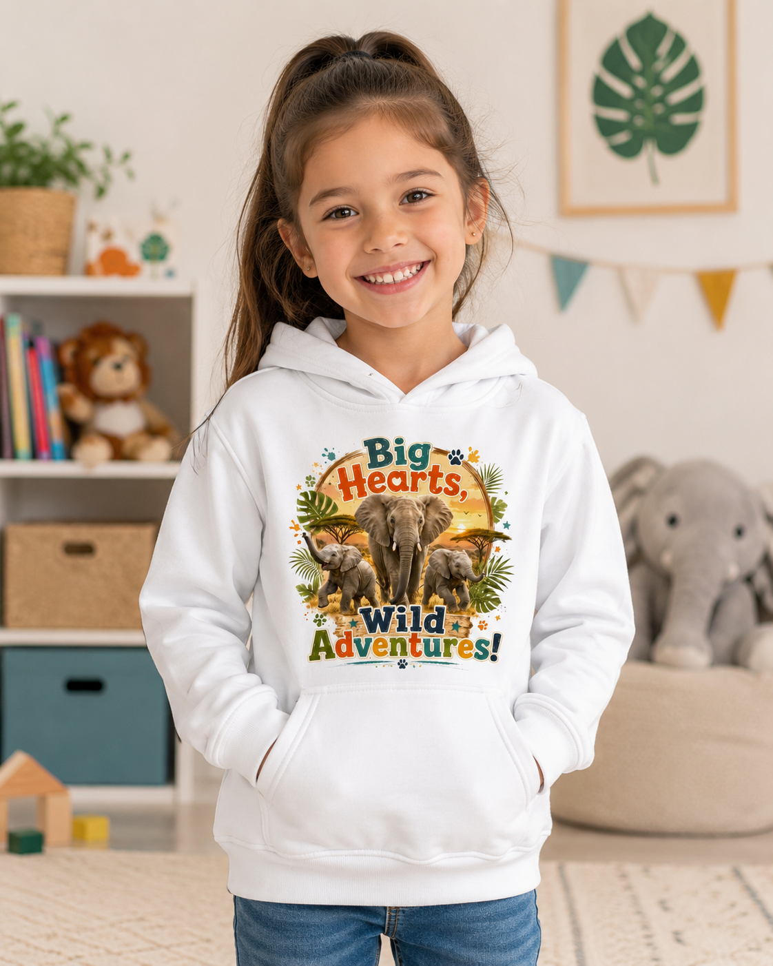 Kids Hoodie — "Big Hearts, Wild Adventures!" Elephant Safari Graphic