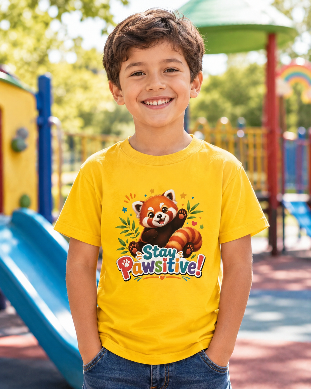 Stay Pawsitive Red Panda Kids Tee | Cute Animal Positive Message