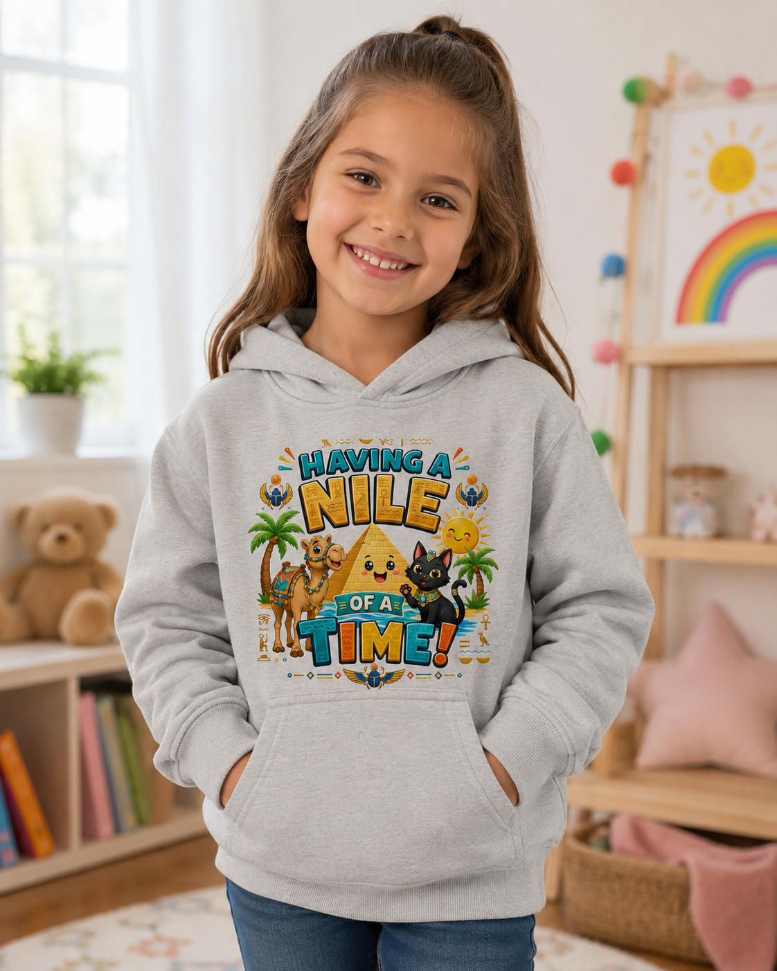 Having a Nile of a Time Kids Hoodie | Cute Egyptian Pyramid Cat Cartoon