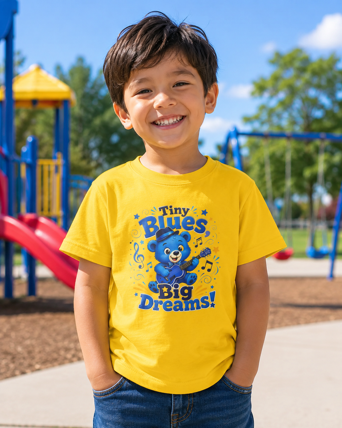 Kids Tee - "Tiny Blues, Big Dreams!" Cute Blue Bear Music Graphic