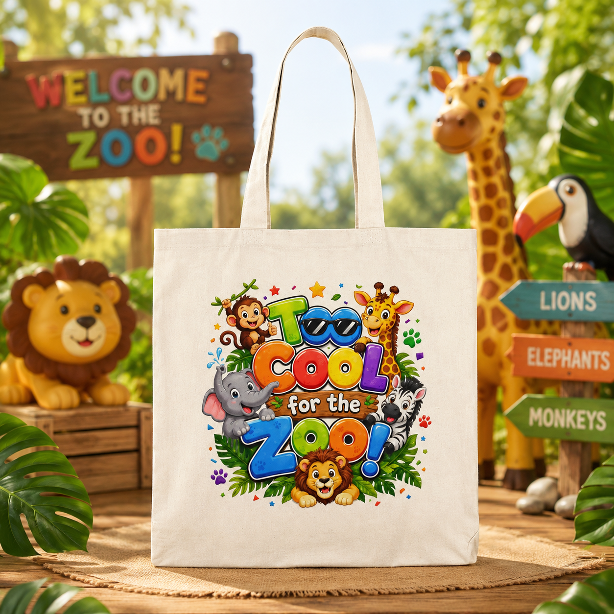 Too Cool for the Zoo Tote Bag — Kids' Cute Animal Canvas Shopper
