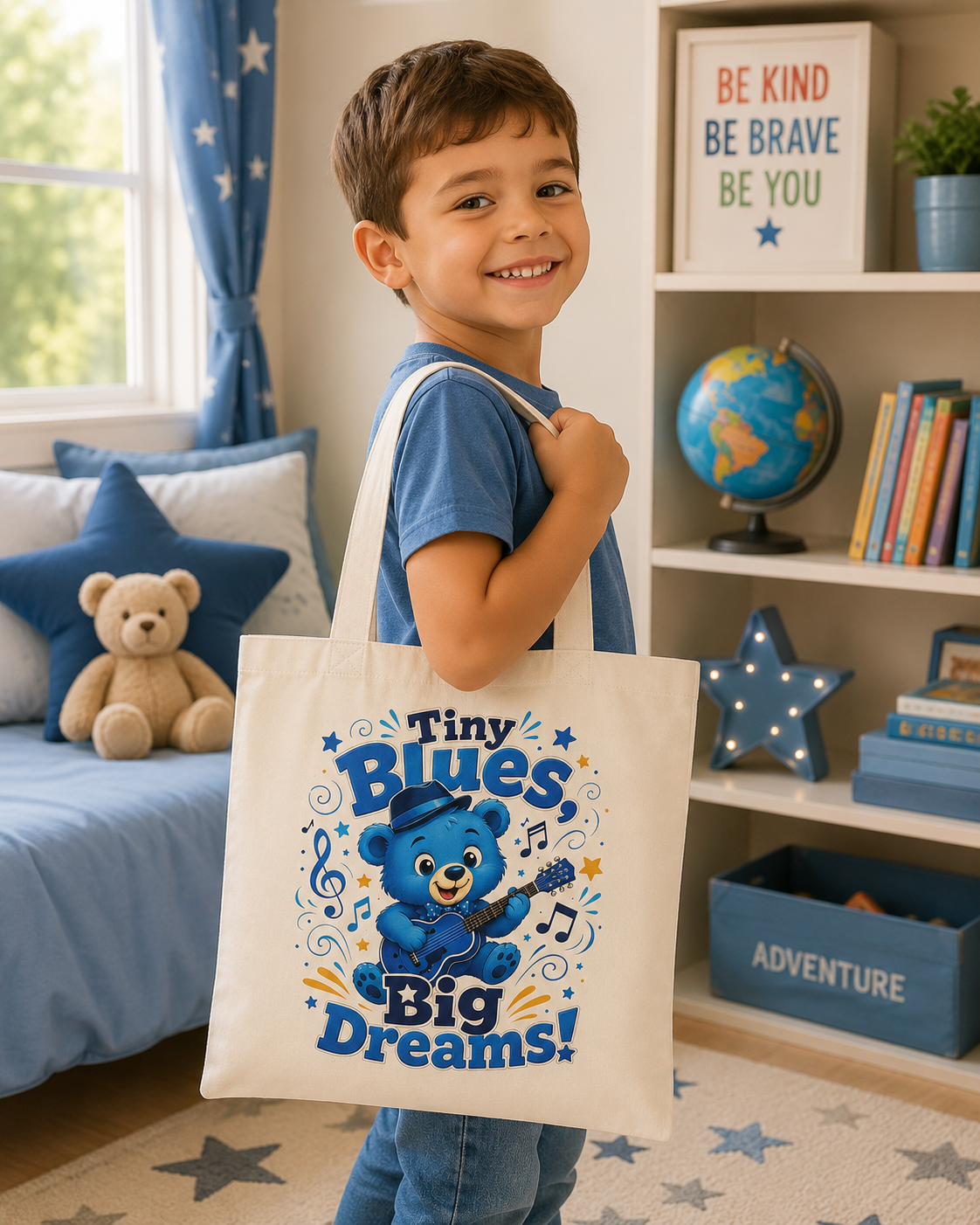 Tiny Blues Big Dreams Tote Bag — Cute Blue Bear Music Graphic Cotton Tote