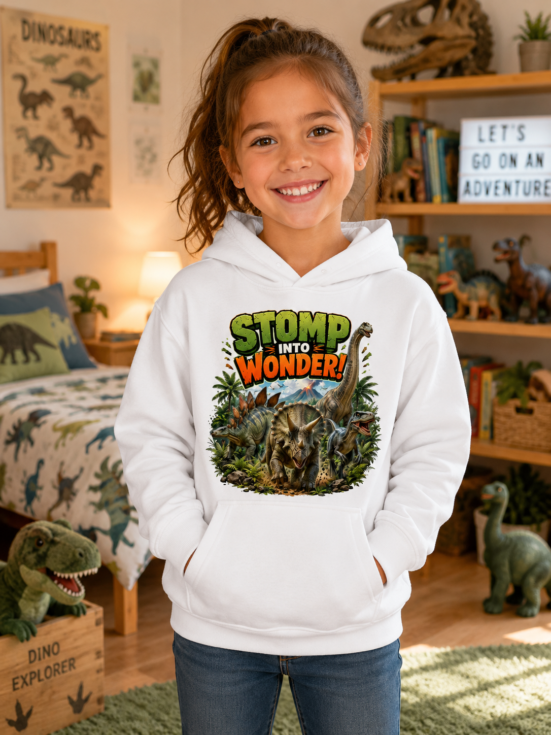 Kids Hoodie — "Stomp Into Wonder" Dinosaur Graphic Pullover