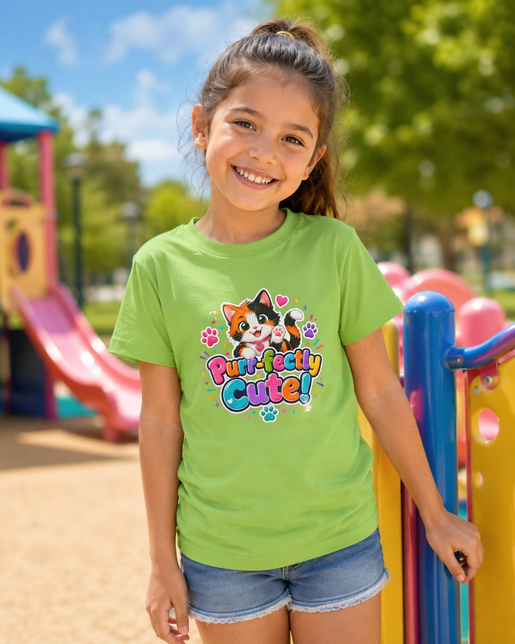 Kids Tee — “Purr-fectly Cute!” Colorful Calico Cat Graphic