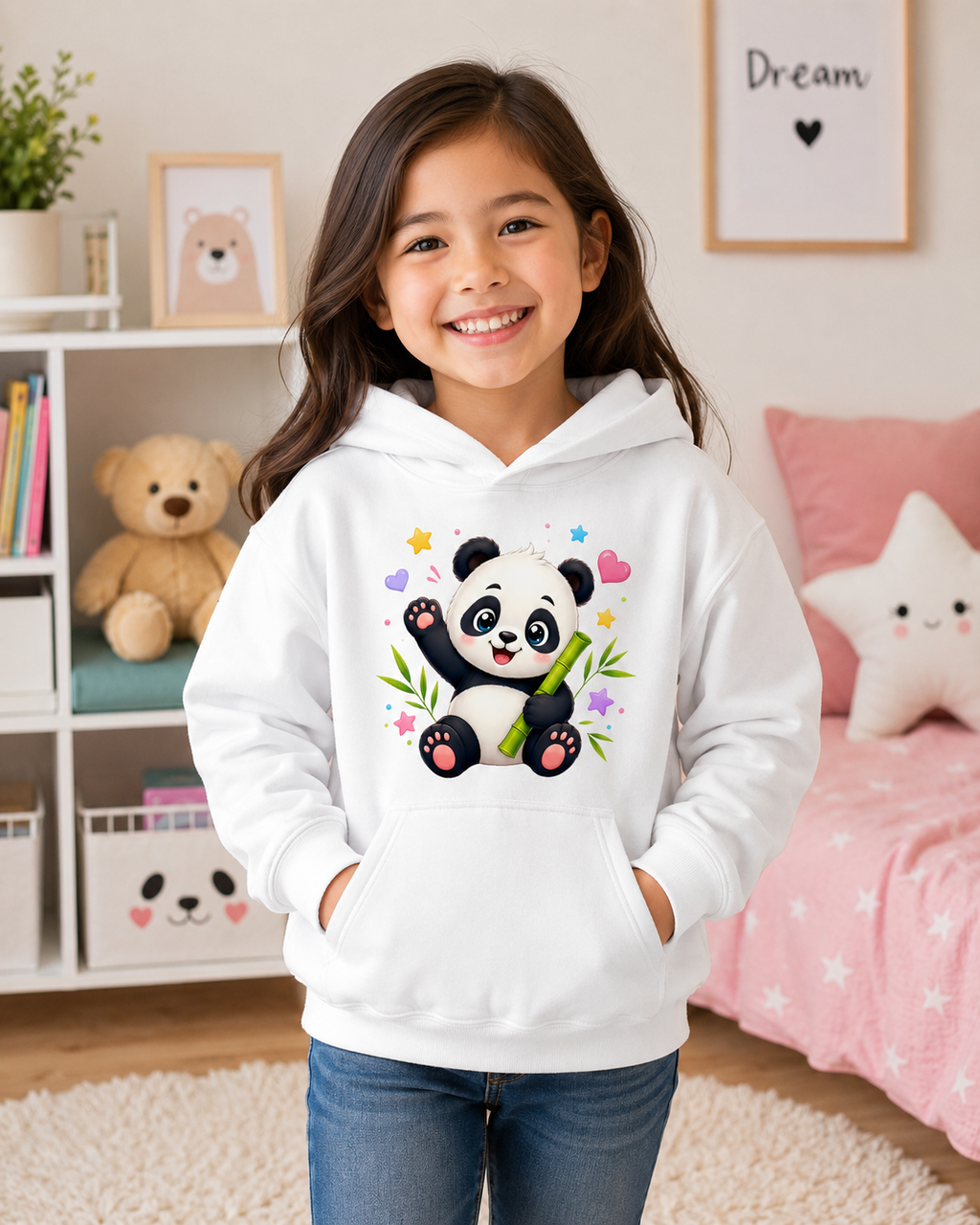 Kids Hoodie — Cute Smiling Panda with Bamboo & Hearts
