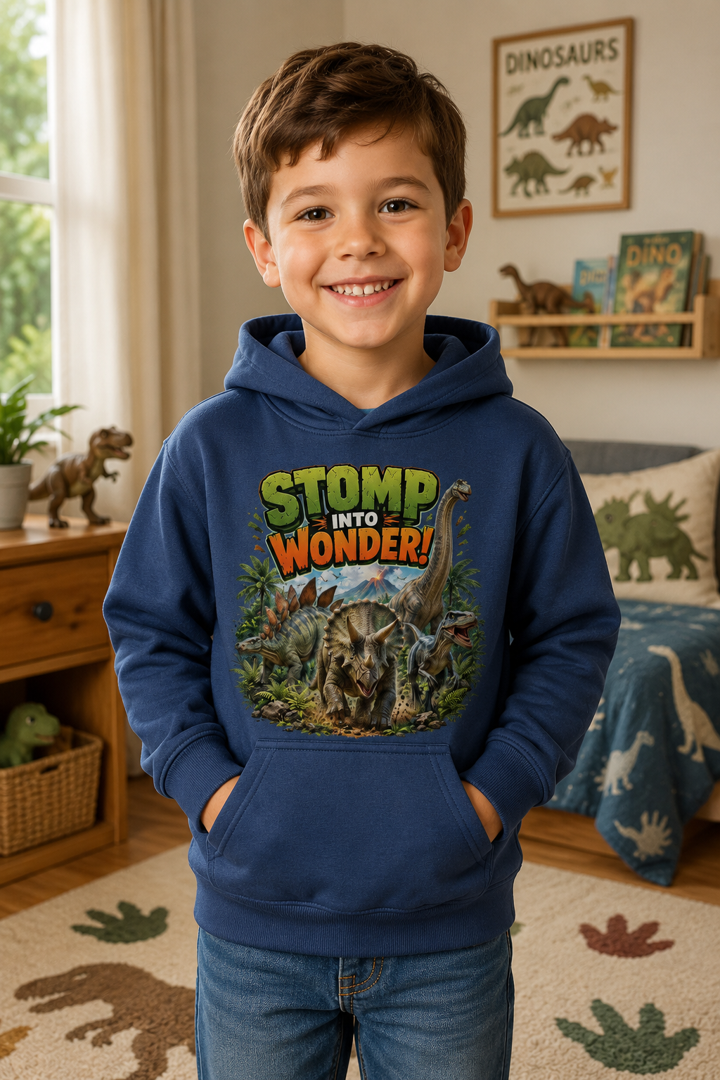 Kids Hoodie — "Stomp Into Wonder" Dinosaur Graphic Pullover