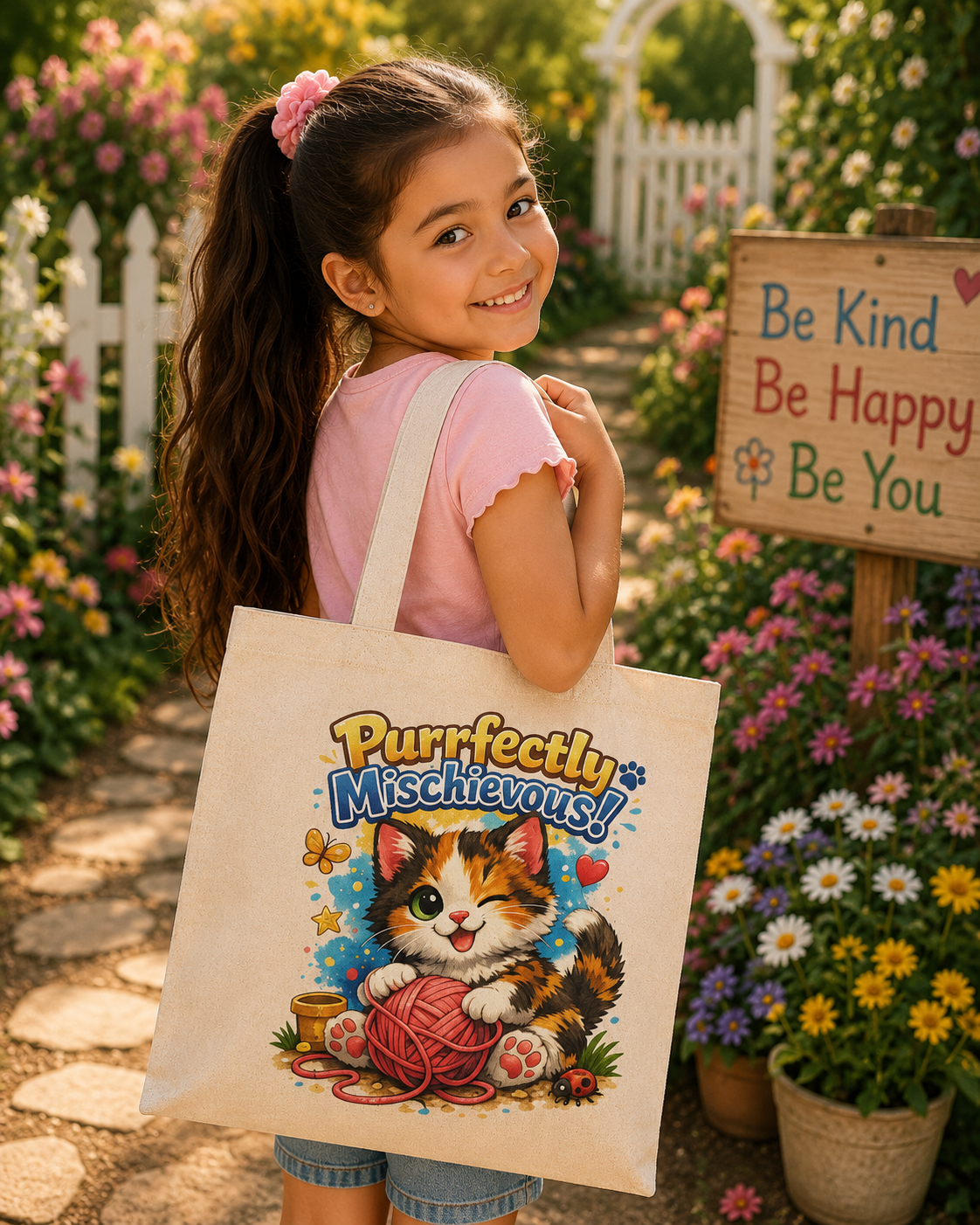 Natural Tote Bag - "Purrfectly Mischievous" Cute Kitten Yarn Shopper Tote