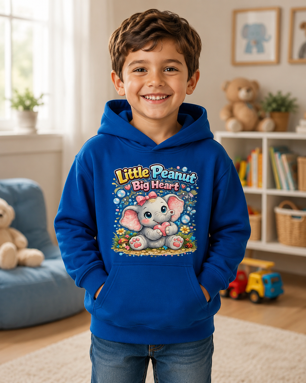 Kids Hoodie - "Little Peanut Big Heart" Cute Baby Elephant Graphic Pullover