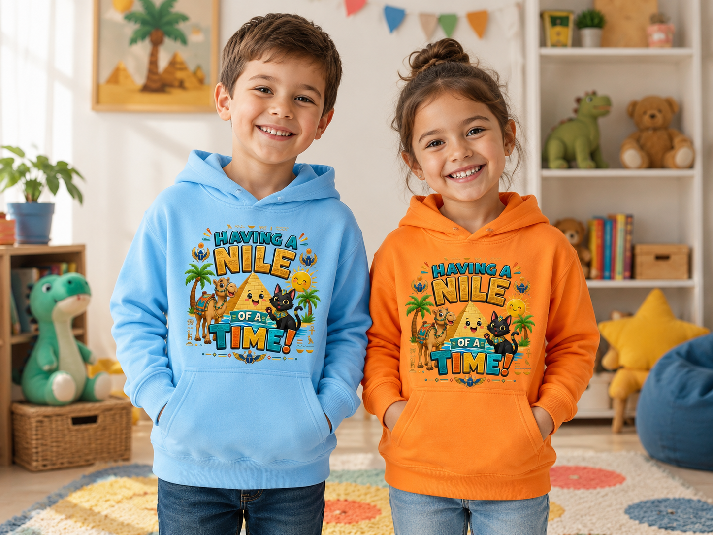 Having a Nile of a Time Kids Hoodie | Cute Egyptian Pyramid Cat Cartoon