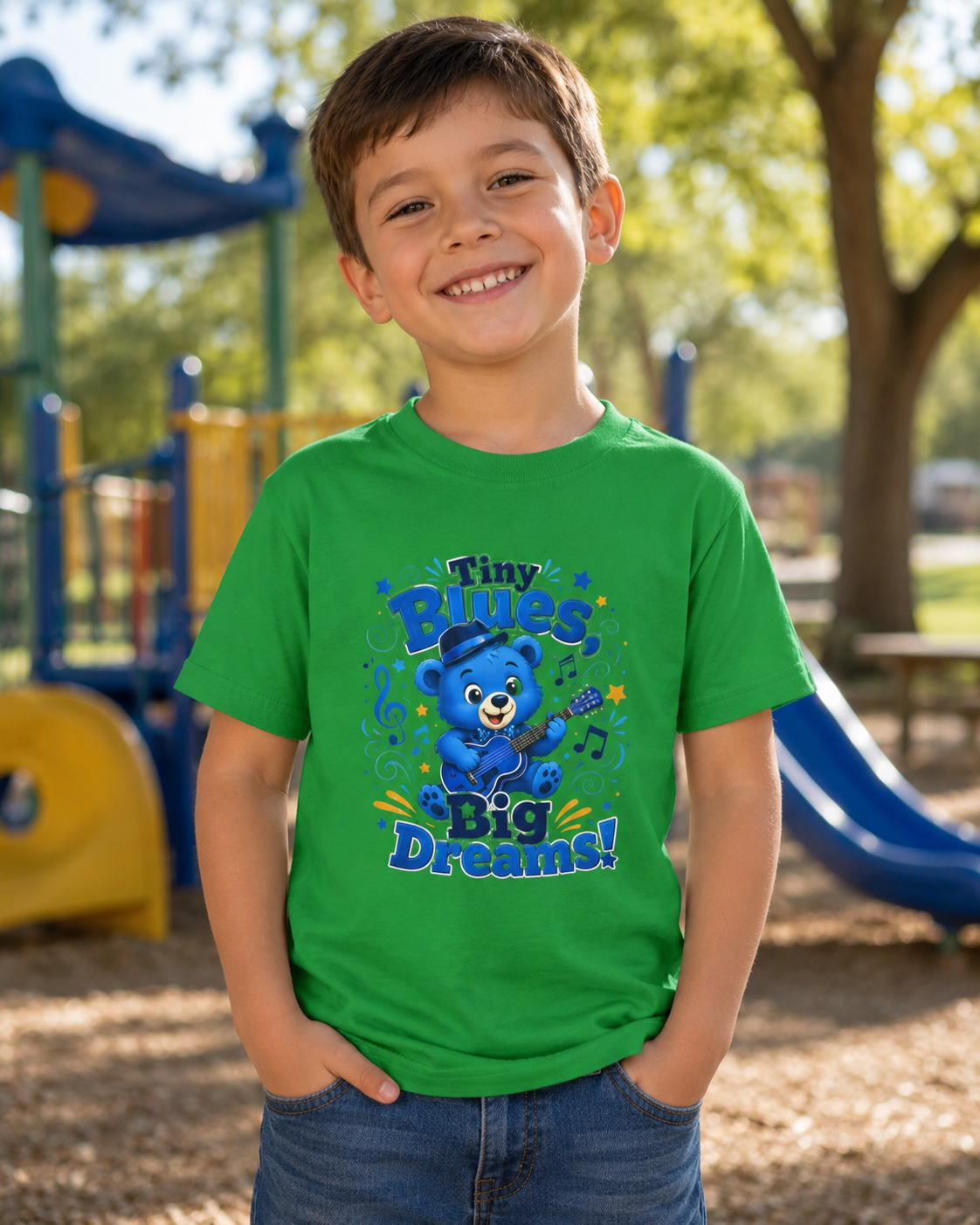 Kids Tee - "Tiny Blues, Big Dreams!" Cute Blue Bear Music Graphic