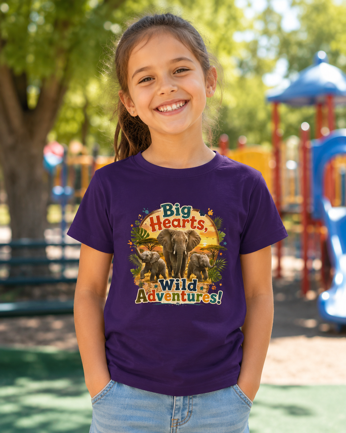Kids T-Shirt — “Big Hearts, Wild Adventures!” Elephant Safari Shirt for Kids, Cute Animal Adventure Tee