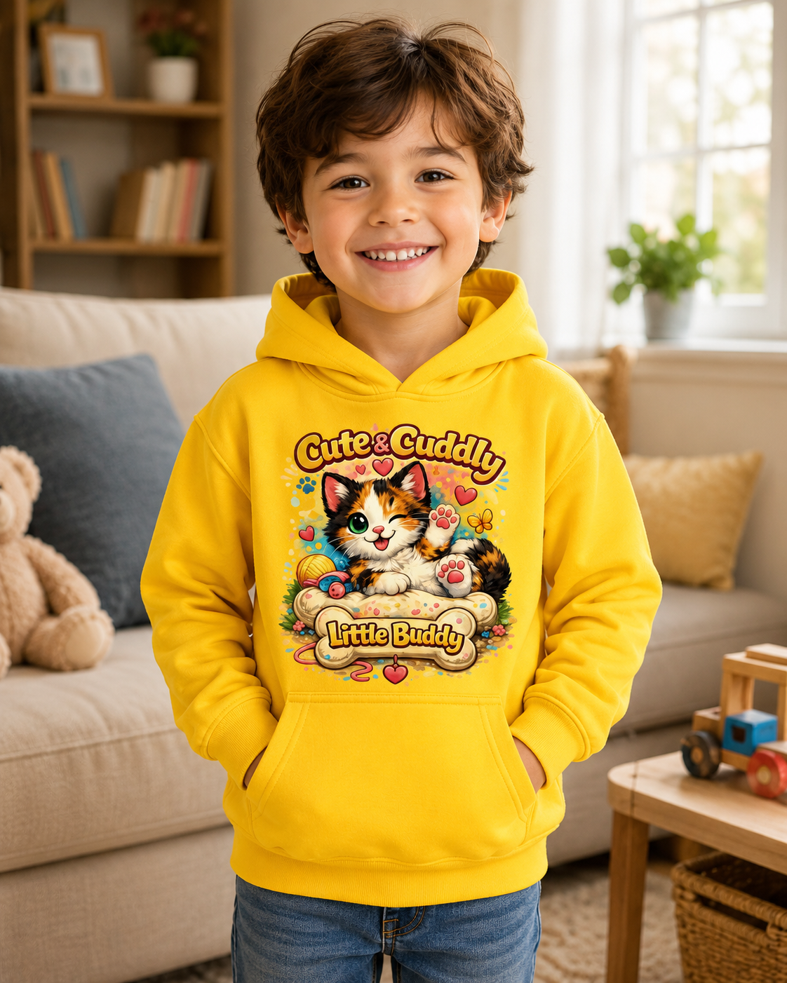Cute & Cuddly Kitten Kids Hoodie — “Little Buddy” Graphic