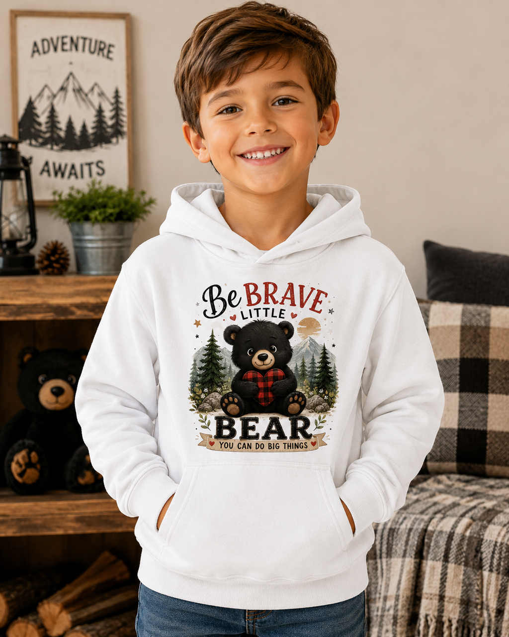 Be Brave Little Bear Kids Hoodie – Cute Woodland Bear Inspirational Sweatshirt for Boys & Girls