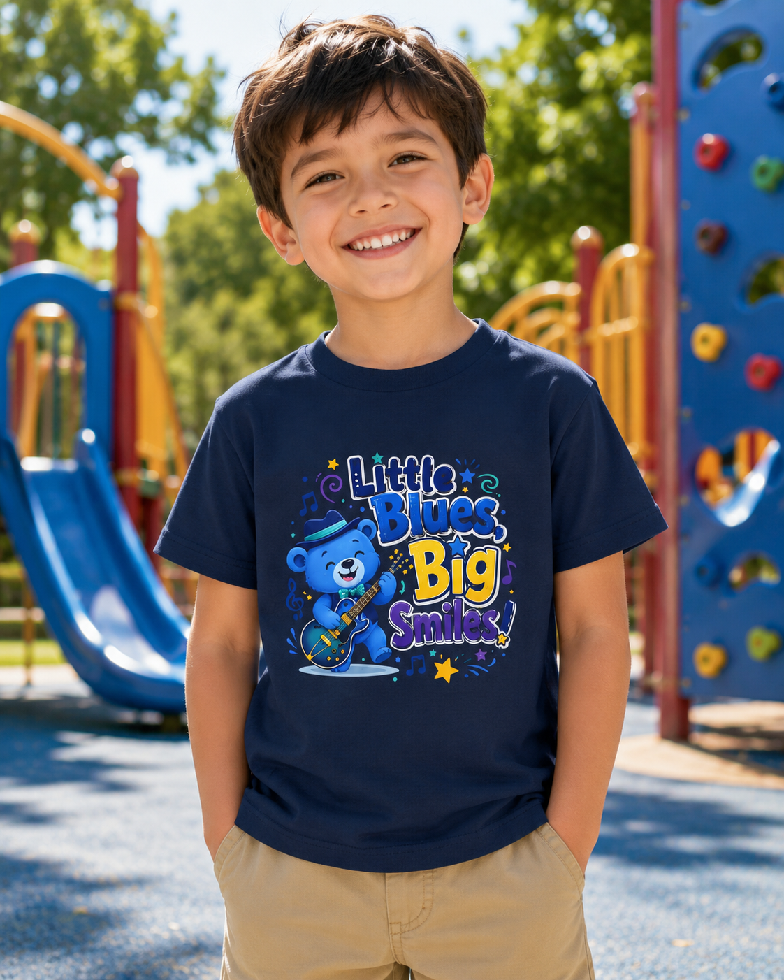 Kids Tee — "Little Blues, Big Smiles!" Guitar-Bear Graphic