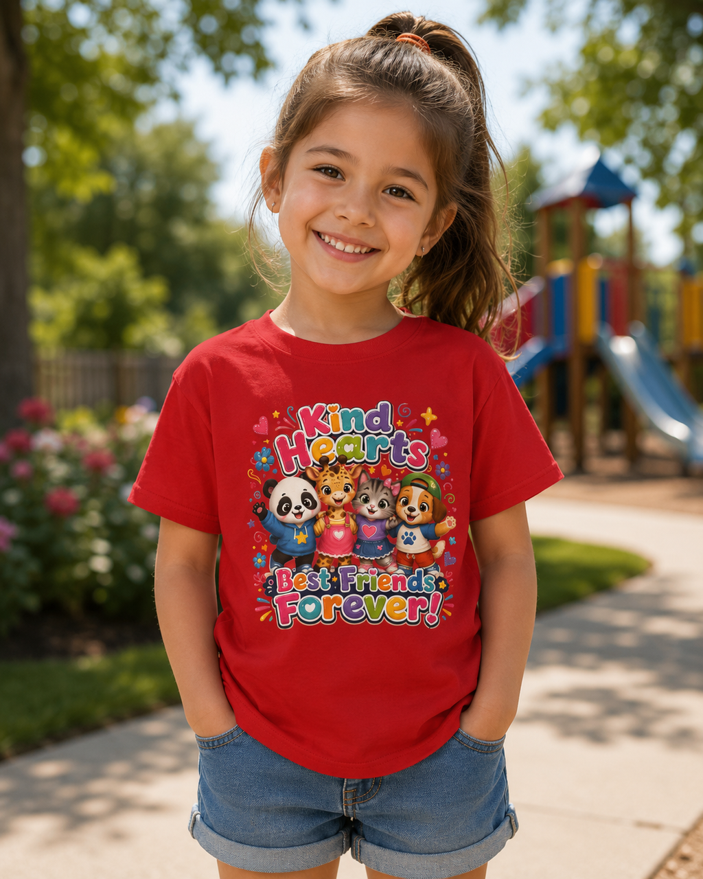 Kids Tee — "Kind Hearts Best Friends Forever" Colorful Cartoon Animals